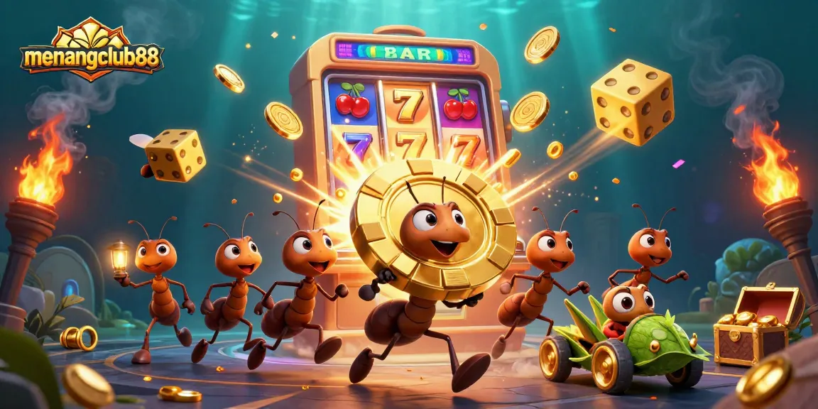 Experience thrilling gaming action at menangclub88 with ants heisting a giant poker chip.