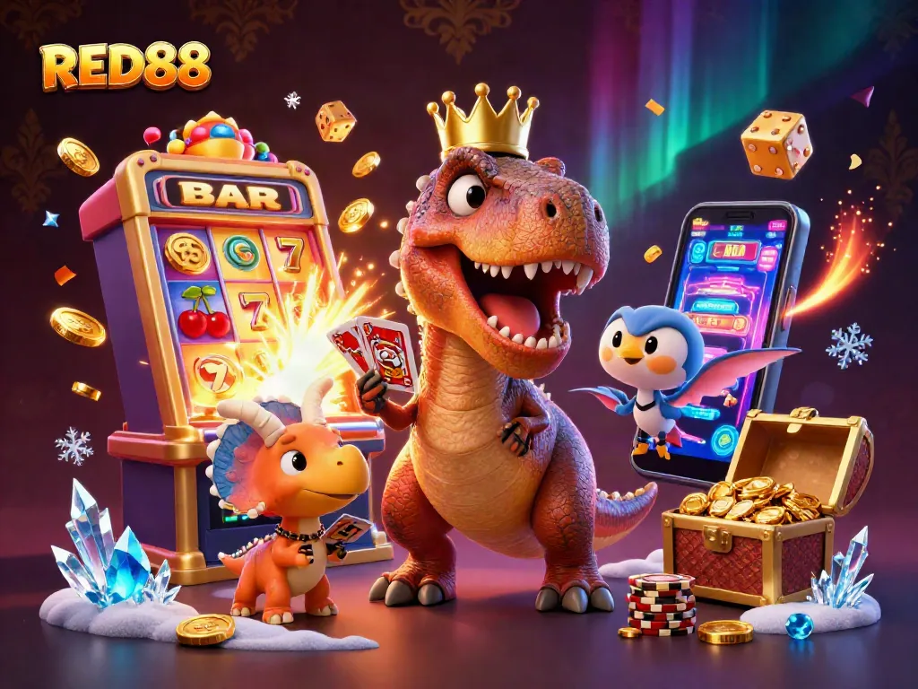 Engage with RED88's vibrant cartoon scene featuring a T-Rex card dealer, pterodactyl assistant, and triceratops stacking chips.