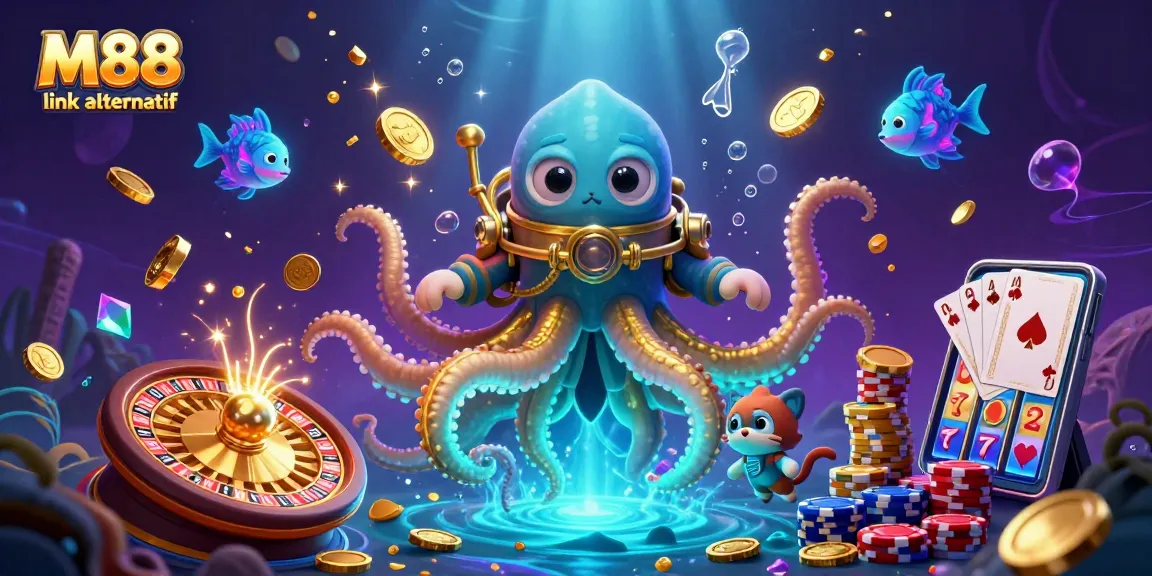 Engage with the vibrant M88 link alternatif scene showcasing an enchanting kraken, diving cat, and sparkling casino elements.