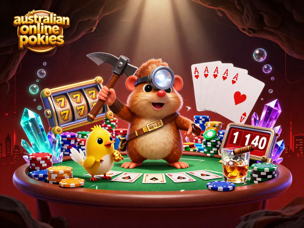 Explore vibrant Australian online pokies with illuminated treasures and poker excitement.