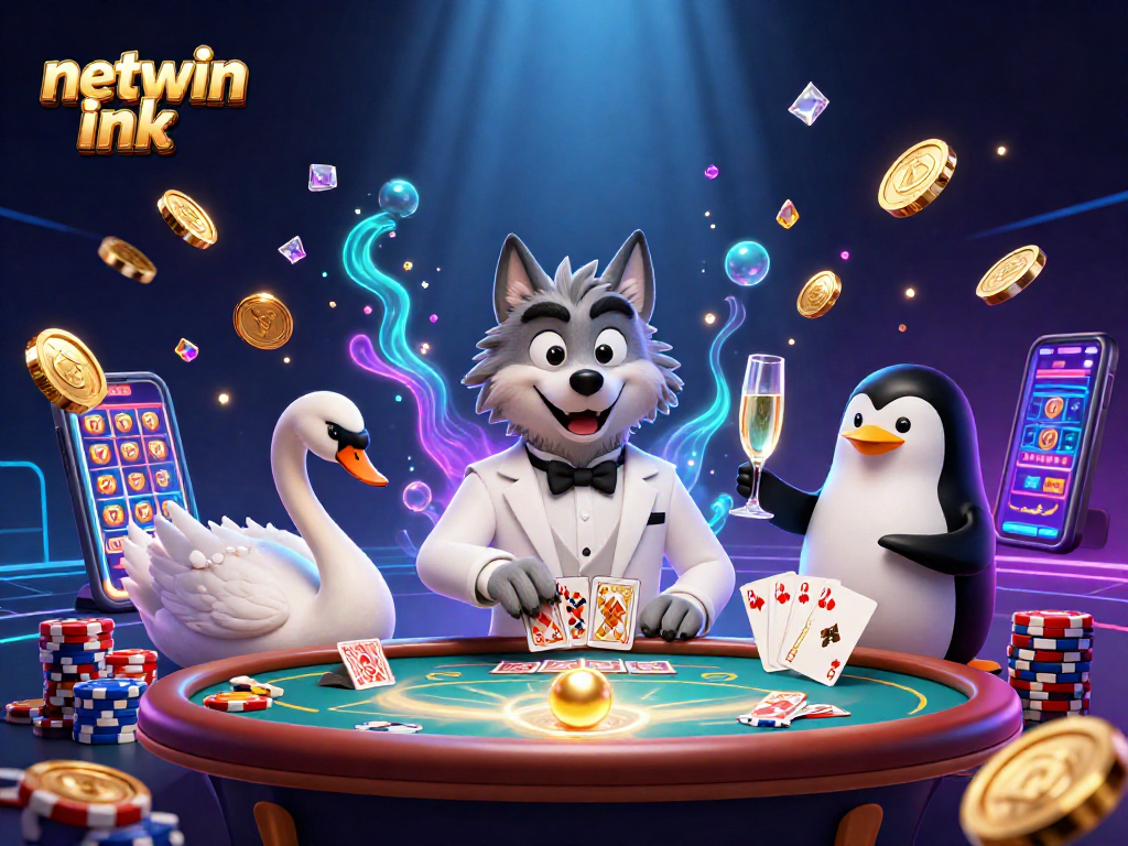 Join the fun at netwin ink with a grand baccarat table scene, featuring a stylish wolf and elegant swan.