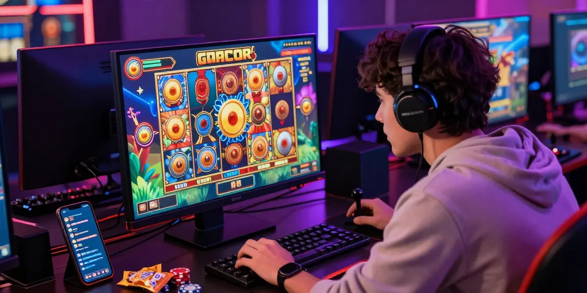 Engaging player enjoying slot gacor games in a vibrant online gaming setup with immersive graphics.