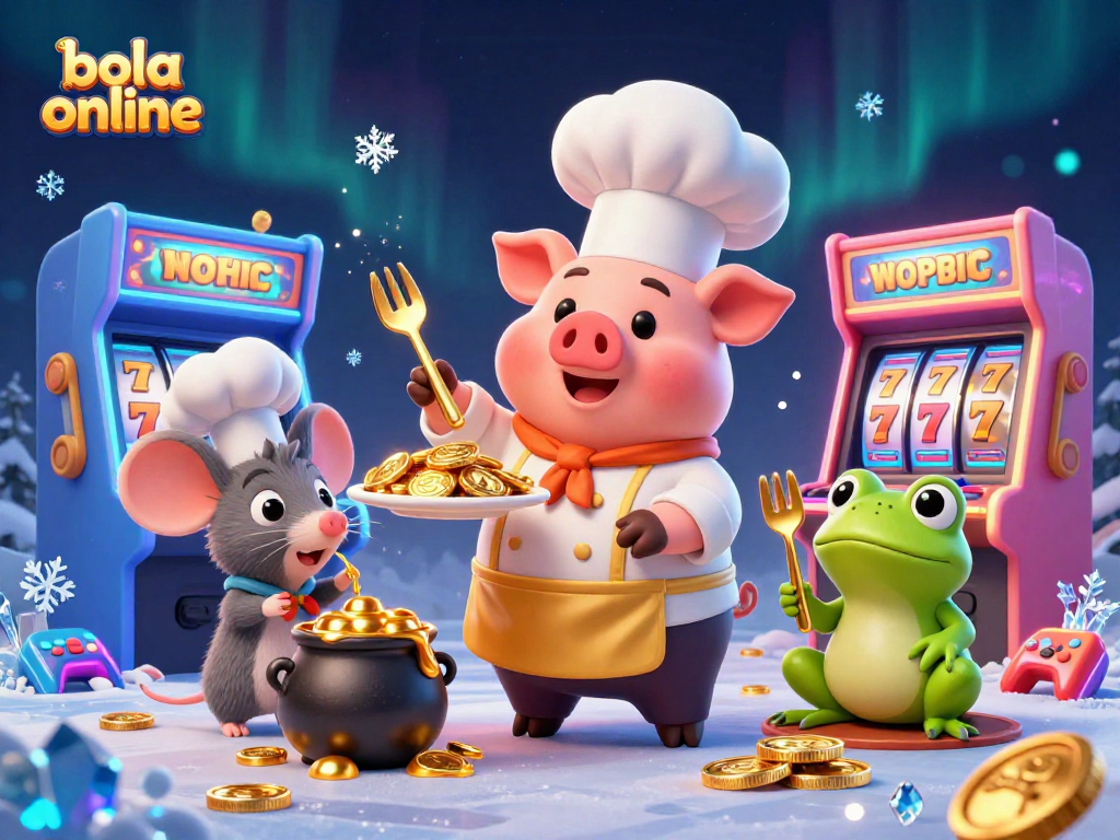 Bola online gaming scene with a chef pig, sous-chef mouse, and critic frog amidst casino elements.