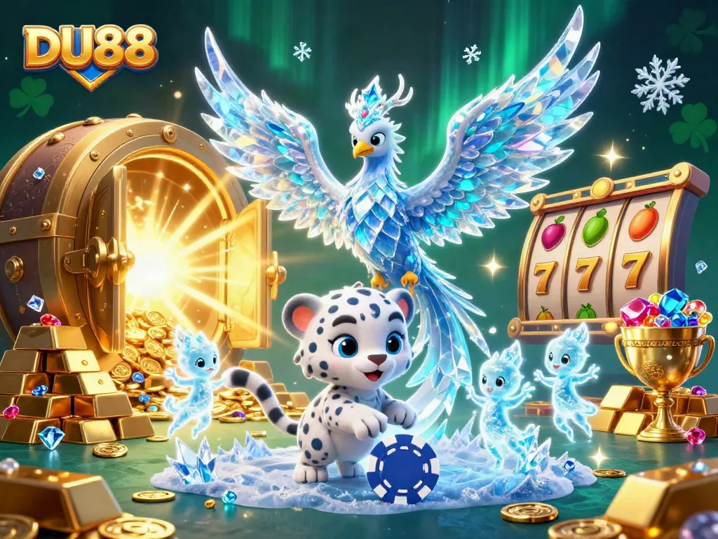 Experience the thrill of DU88 with a vibrant casino scene featuring an ice phoenix, treasures, and gaming elements.