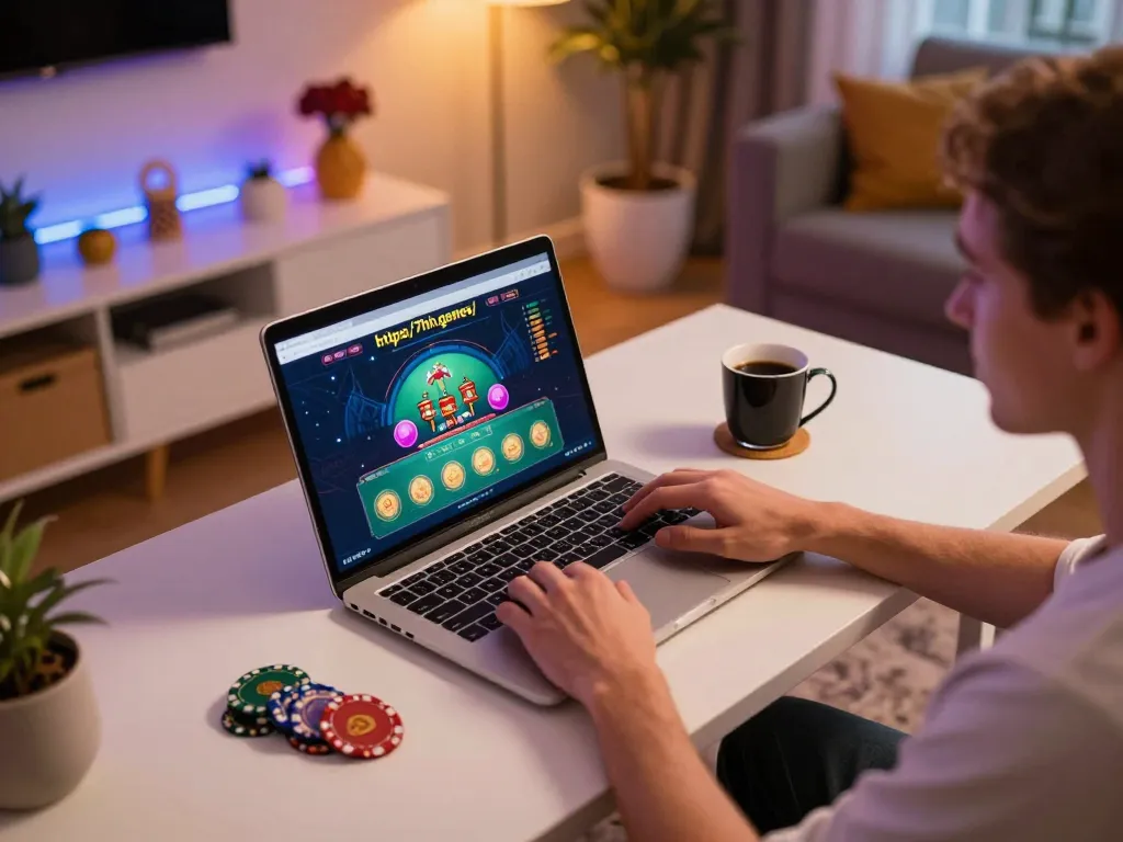 Engaging gameplay on https://7hh.games/ from a laptop in a cozy home setting, showcasing poker excitement