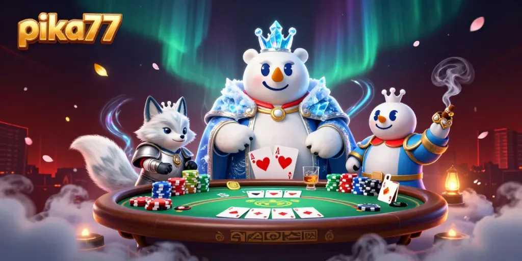 Play thrilling poker hands at pika77 with an enchanting ice king and his fox companion.