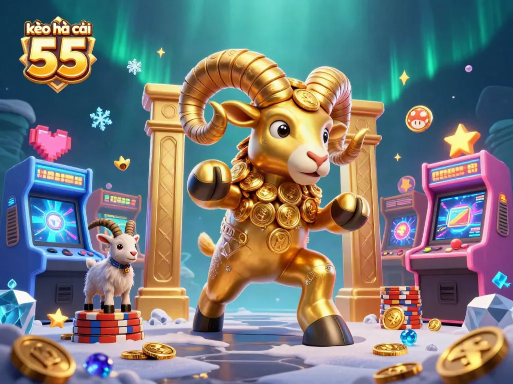 Experience thrilling action at kèo nhà cái 55 with a vibrant 3D casino scene featuring a golden ram.