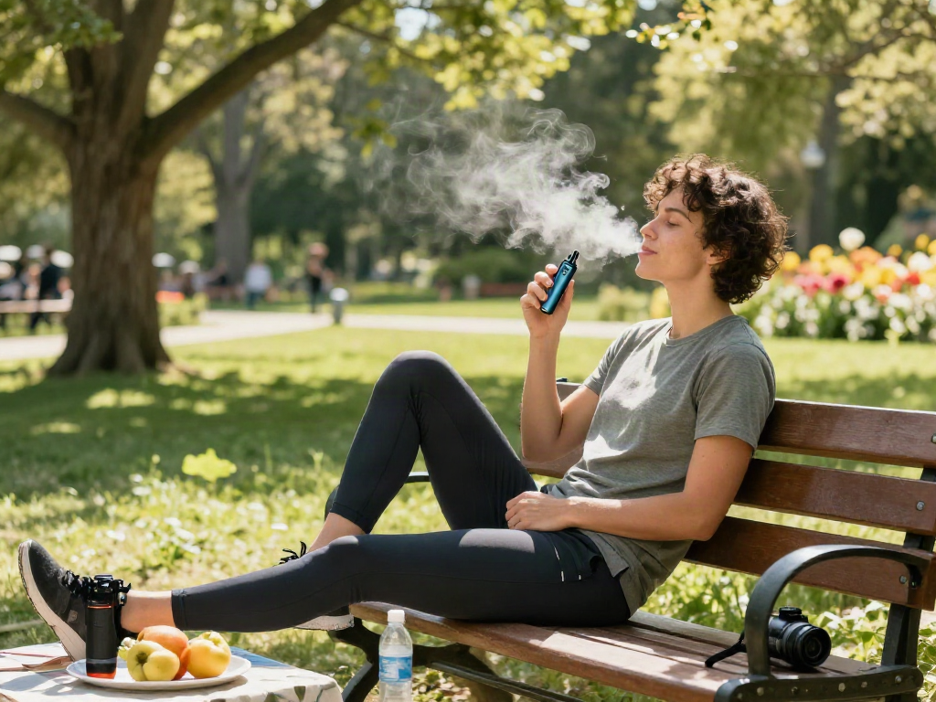 Muha meds disposable vape pen used in a wellness moment outdoors, highlighting natural serenity and healthy lifestyle.