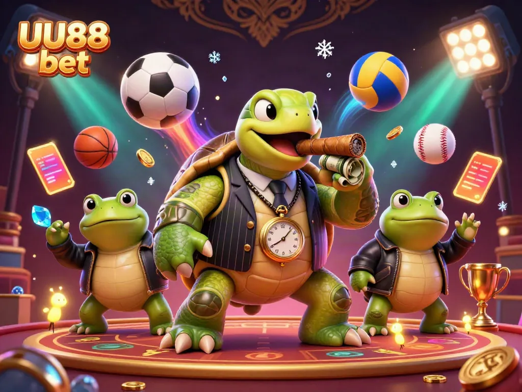 Join the thrill of UU88 bet with a charismatic snapping turtle and two bullfrog enforcers amidst vibrant casino elements.