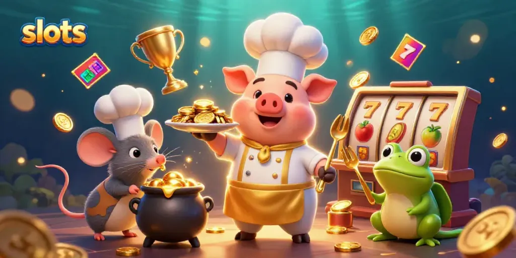Exciting slots scene with a chef pig and a critic frog amidst gold coins.