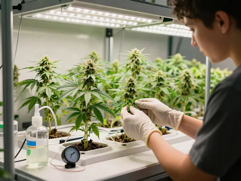 Grower nurturing high THC feminised seeds in a vibrant hydroponic setup.