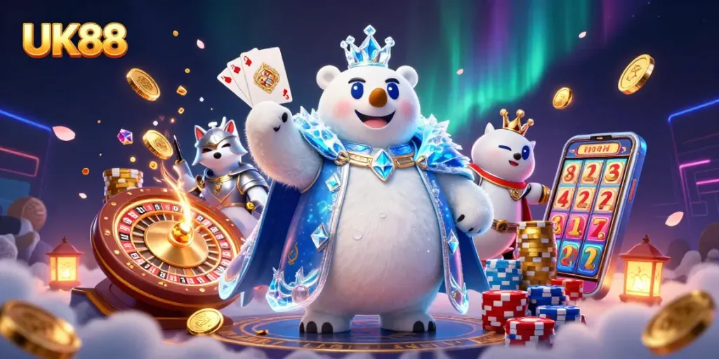 Play slots and win with UK88, featuring royal characters amidst exciting casino elements.
