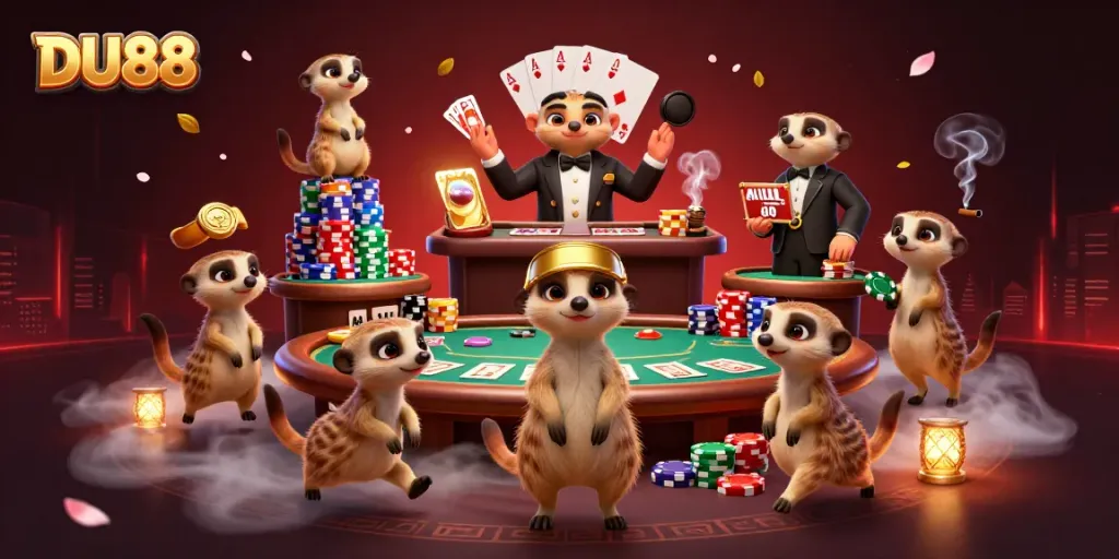 Engage with DU88 in a vibrant casino scene featuring meerkats orchestrating games and bets.