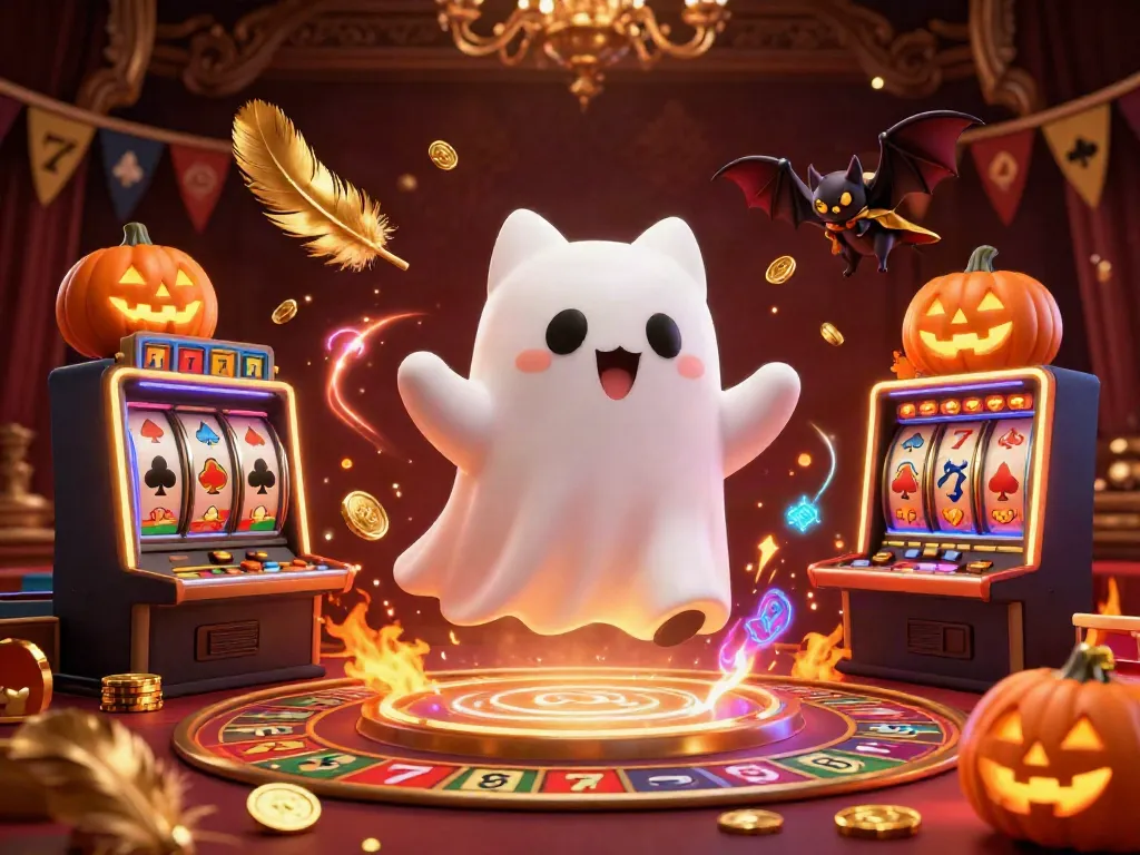 Experience the excitement of OXBET with a friendly ghost cat and a vampire bat in a bustling casino scene.