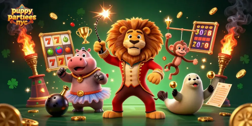 Puppypartiesnyc menghadirkan momen menang dengan karakter kasino dan elemen permainan slot yang menarik.