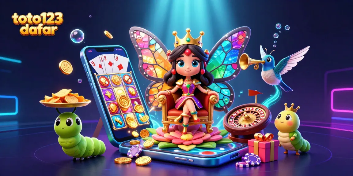 Bet on exciting games at toto123 daftar with a vibrant 3D casino illustration featuring a butterfly queen and dynamic gaming elements.