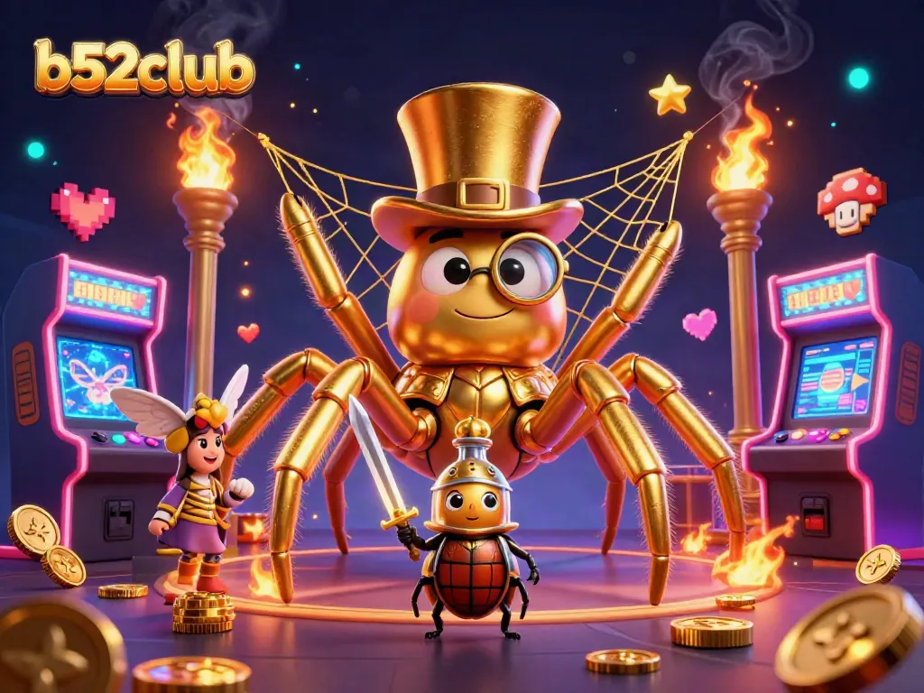 B52club brings excitement to online gaming with a dynamic illustration showcasing a golden tarantula, brave beetle knight, and arcade machines.