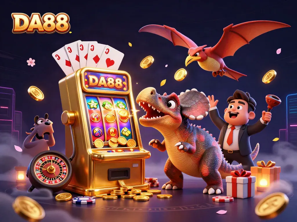 Experience the excitement of DA88 as cartoon dinosaurs engage in thrilling slot action, showcasing vibrant casino elements.