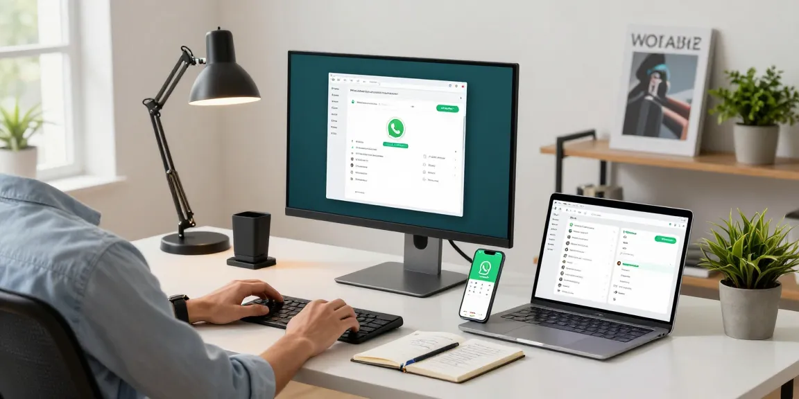 WhatsApp電腦版 interface displayed on a sleek desk in a modern workspace.