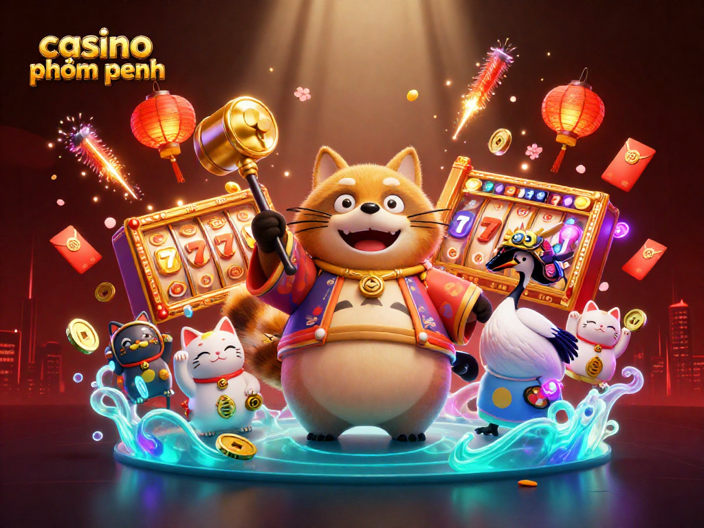 Engage with casino phnom penh excitement featuring a cheerful tanuki and festive elements.
