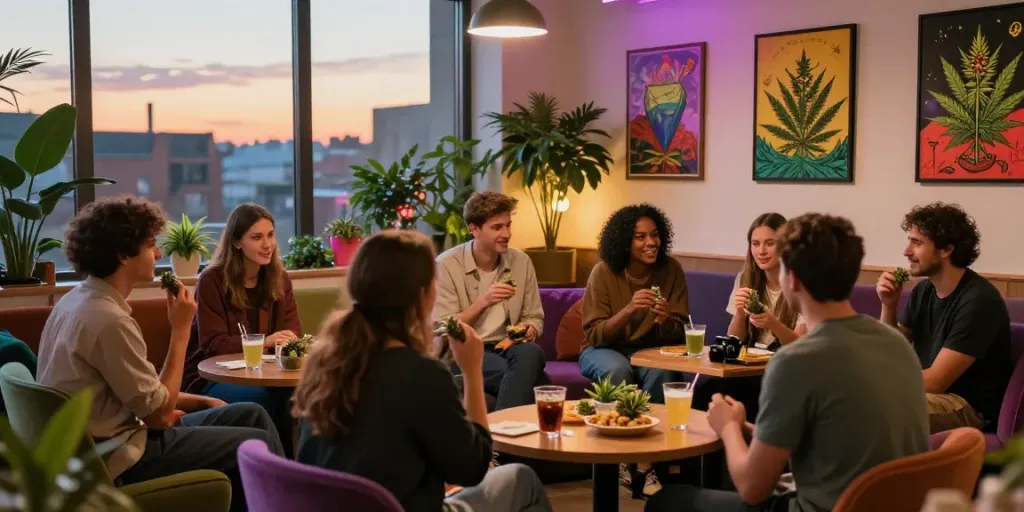 Cannabis Hamburg social club atmosphere with groups enjoying cannabis products and organic snacks during sunset