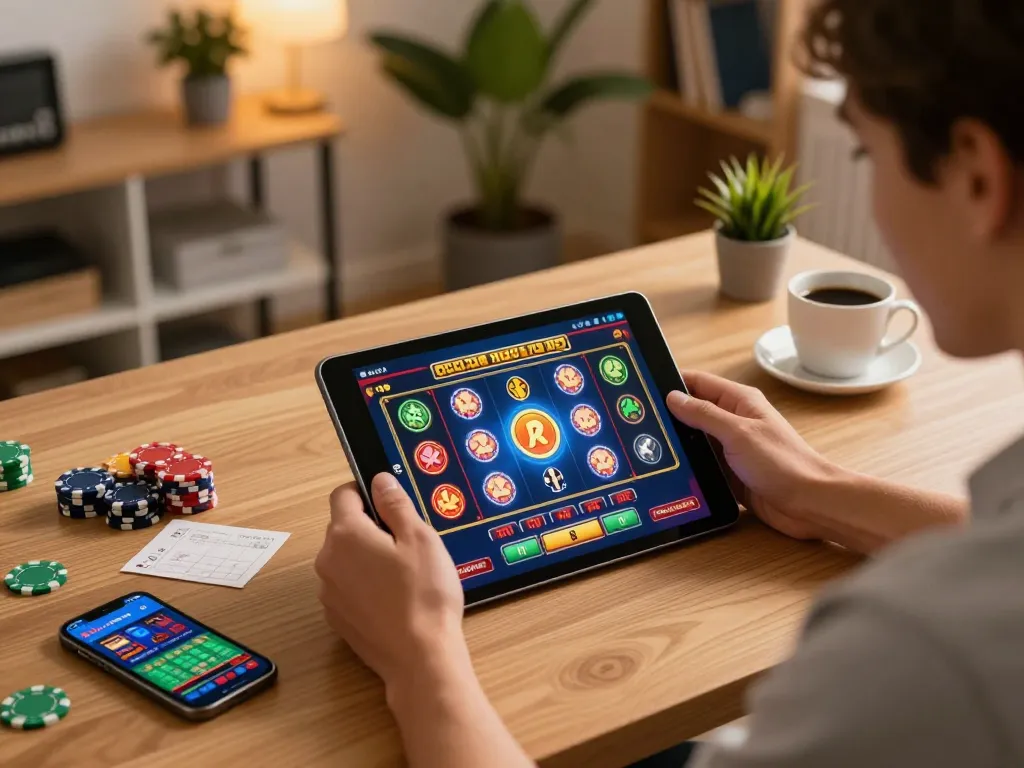 Enjoying a thrilling slot depo 10k gameplay on a tablet in a cozy home setting with vibrant graphics.