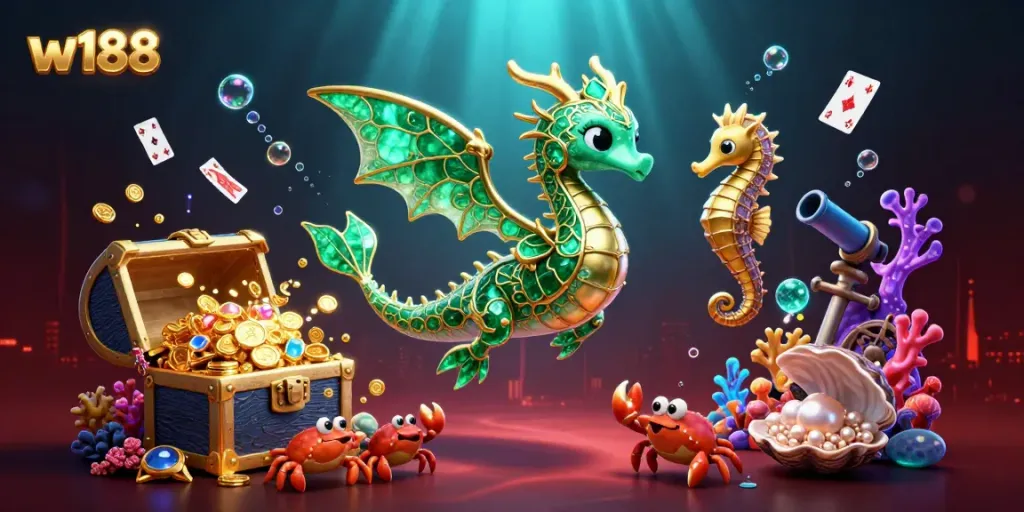 Engage in thrilling games at w188 with an emerald sea dragon and treasure-filled underwater scene.