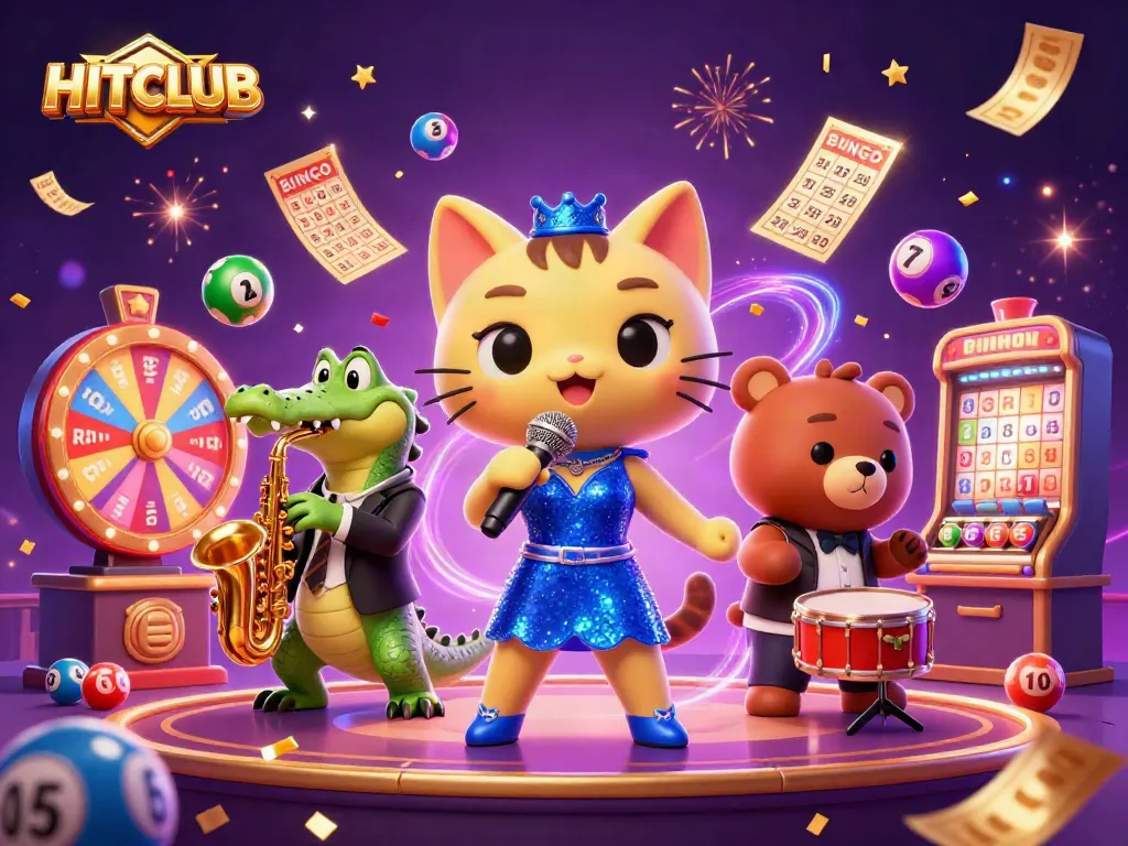 Hitclub cats and crocodile celebrate winnings with colorful balls and confetti.