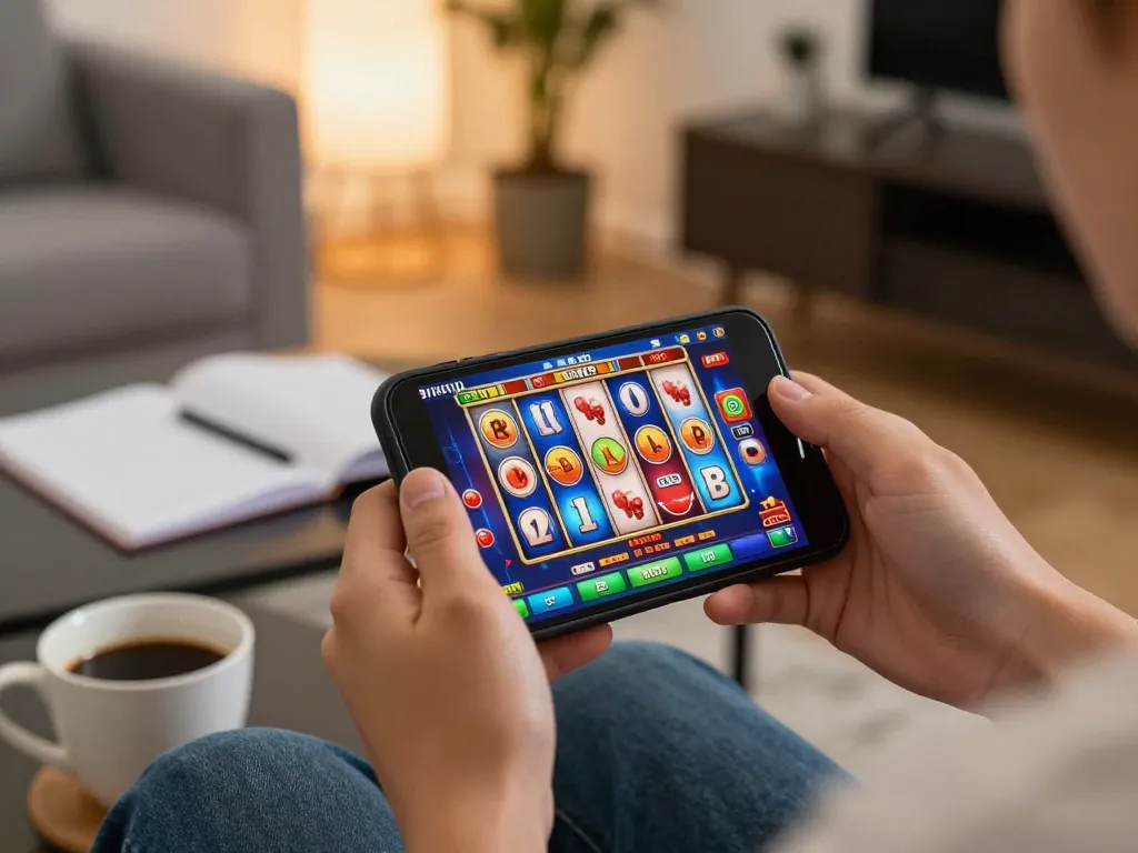 Engaging gameplay on smartphone for slot gacor min depo 10k game in a cozy home setting