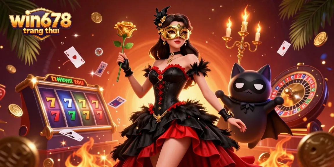 Join the excitement at win678 trang chủ, with a dazzling 3D casino scene filled with vibrant slot and casino game elements.
