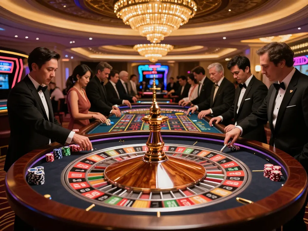 Players placing bets at a roulette table in vibrant Vegas casino captured at https://s8inc.com/ during an exciting night.