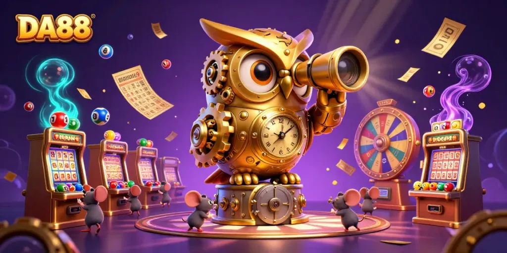 Engage with DA88 in a vibrant casino scene featuring a golden owl overseeing thrilling games of chance.