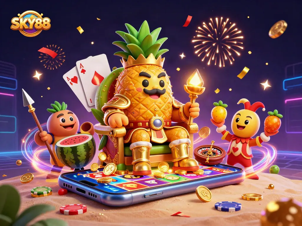 Experience excitement at SKY88 with a vibrant 3D casino scene showcasing diverse gaming elements.