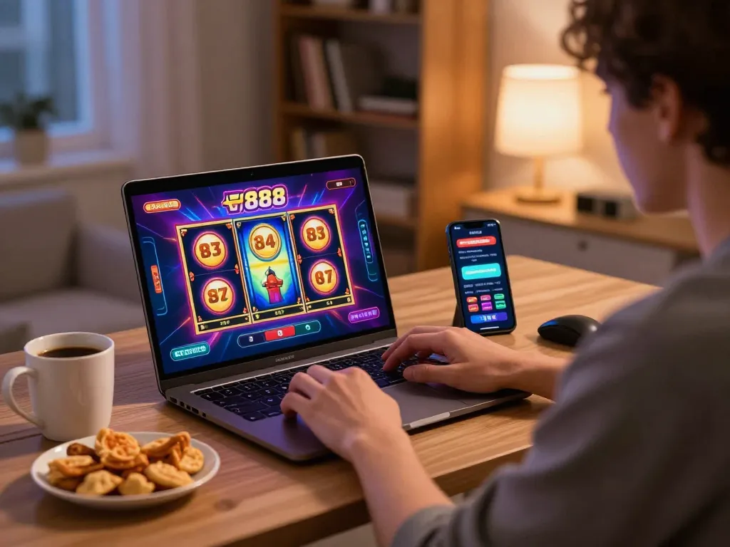 Engaged player enjoying slot88 game on laptop in a cozy home office setting.