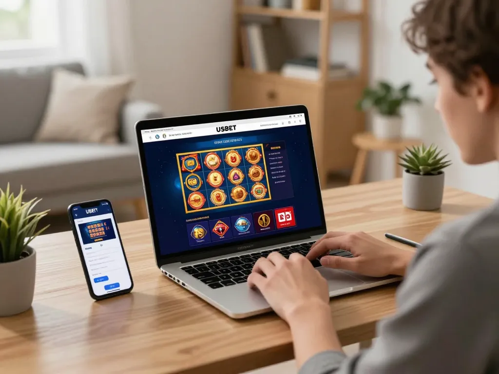 Engaged user playing USBET online casino on laptop at home, showcasing vibrant games and mobile app.
