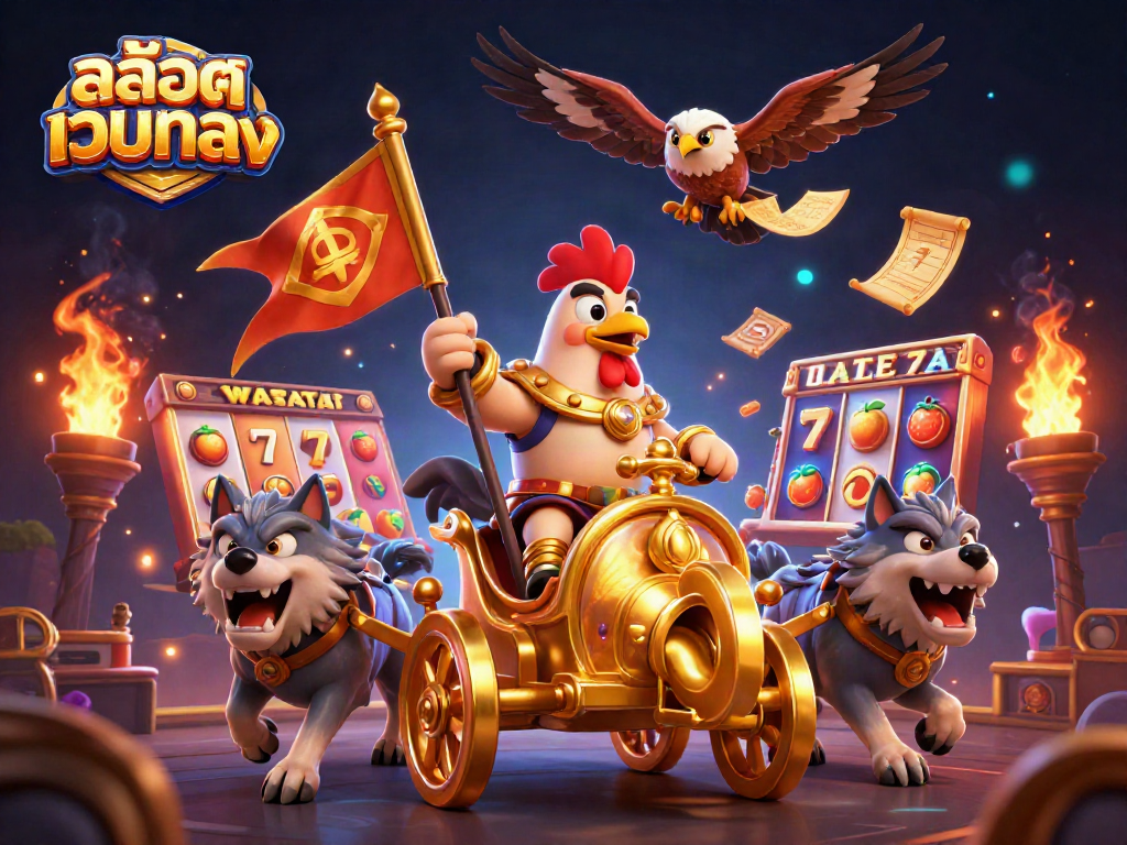 Spin for fortune at สล็อตเว็บตรง with a vivid casino warrior scene filled with slots and win symbols.