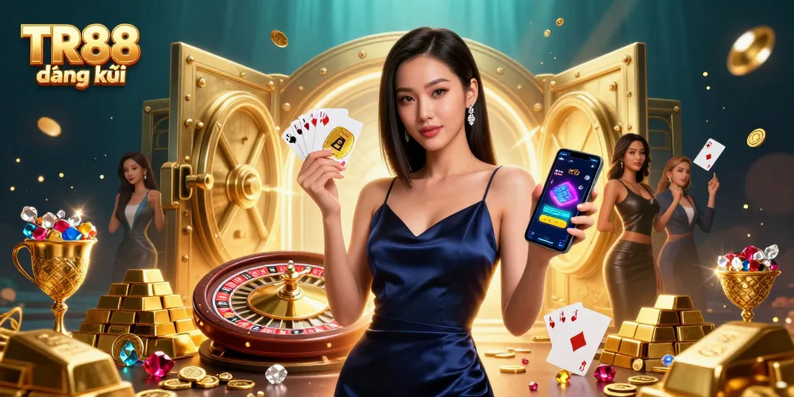 Spin to win at TR88 đăng ký with a stunning Asian woman showcasing a casino app and golden chip.