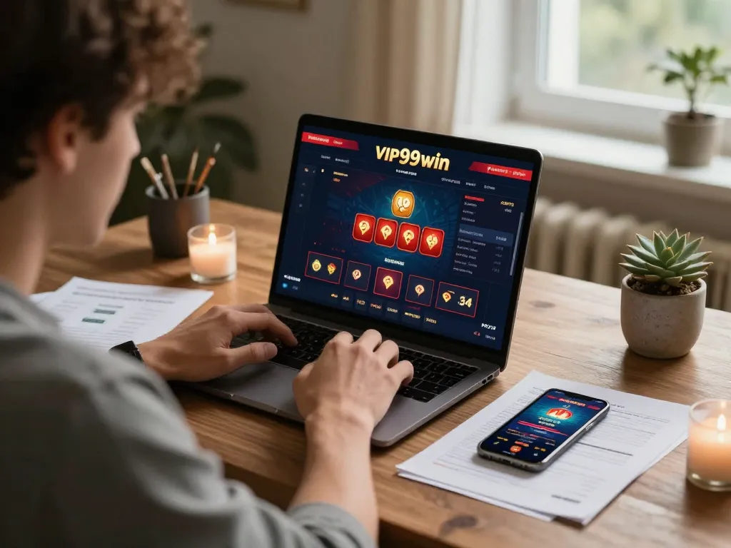 Engaging online gaming experience on vip99win platform with strategic notes in a cozy home