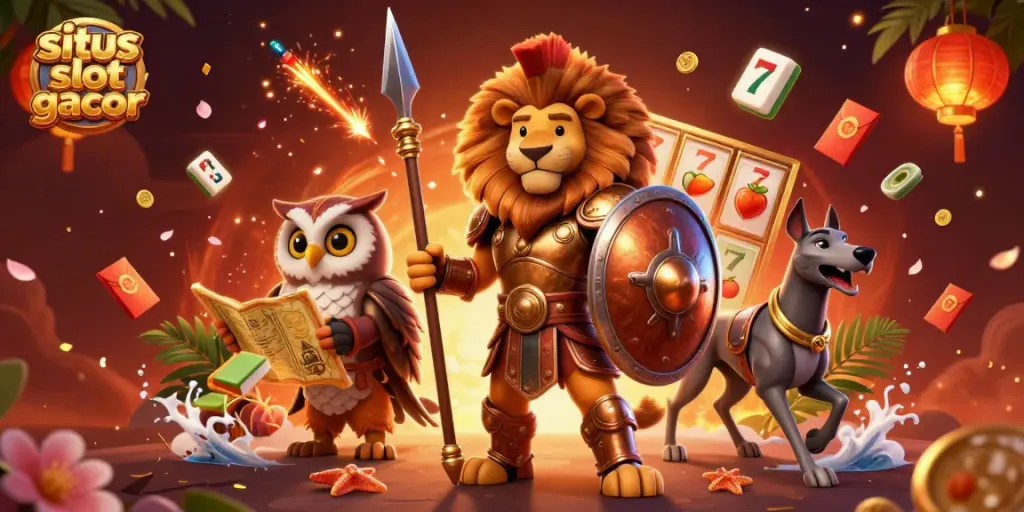 Permainan situs slot gacor yang menampilkan singa Sparton berani dengan elemen slot dan koin mengelilinginya.