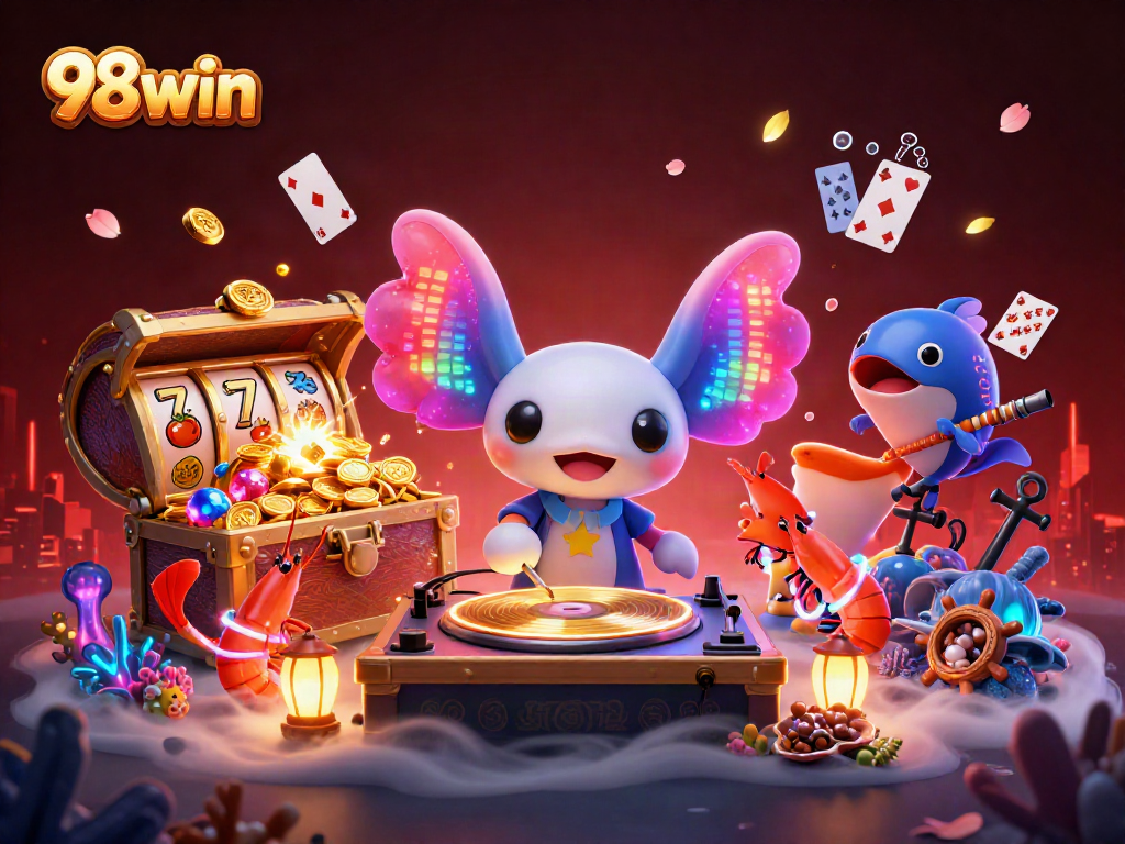Experience the excitement of 98win with a vibrant 3D casino scene featuring DJ axolotl and interactive gaming.