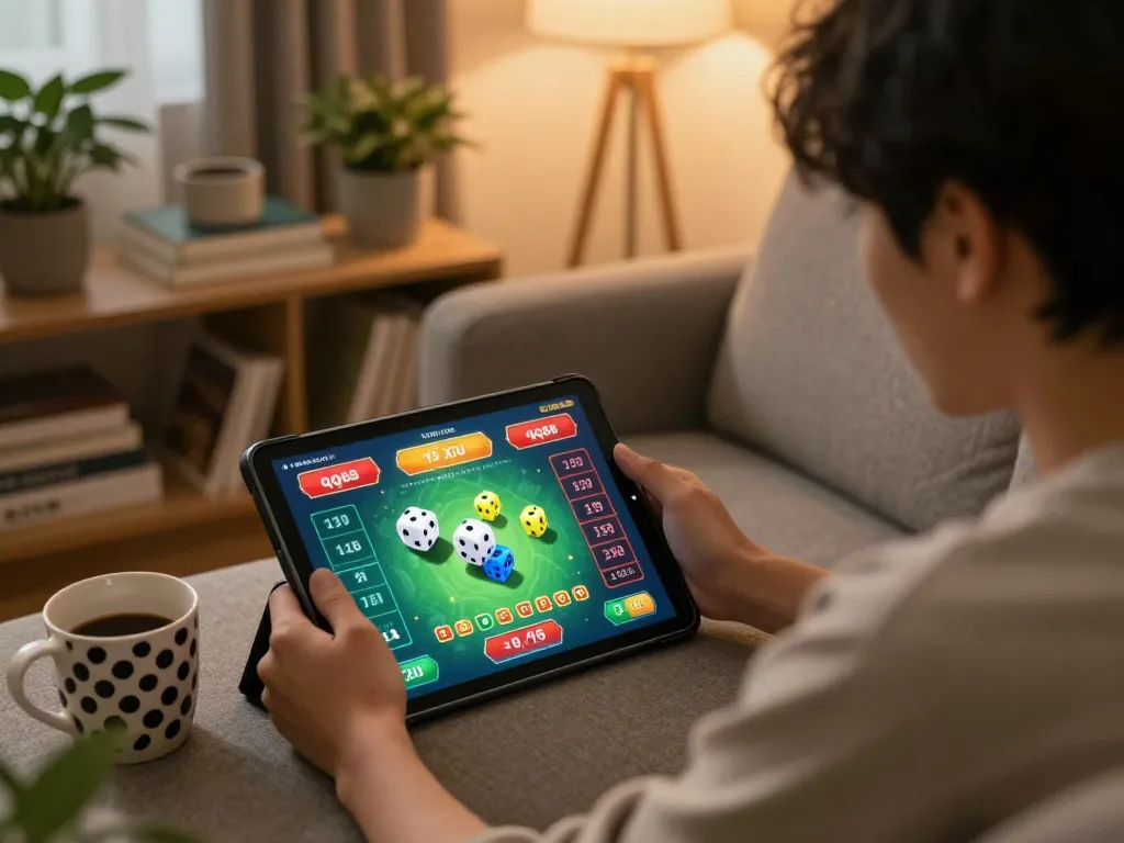 Player enjoying a tài xỉu qq88 game on a tablet, relaxed home gaming atmosphere with personal touches.