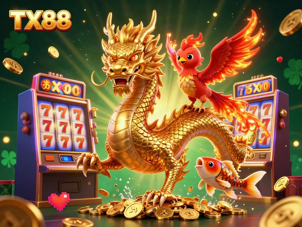 TX88 showcases a vibrant casino scene with a golden dragon, phoenix, and koi fish among spinning slot machines.