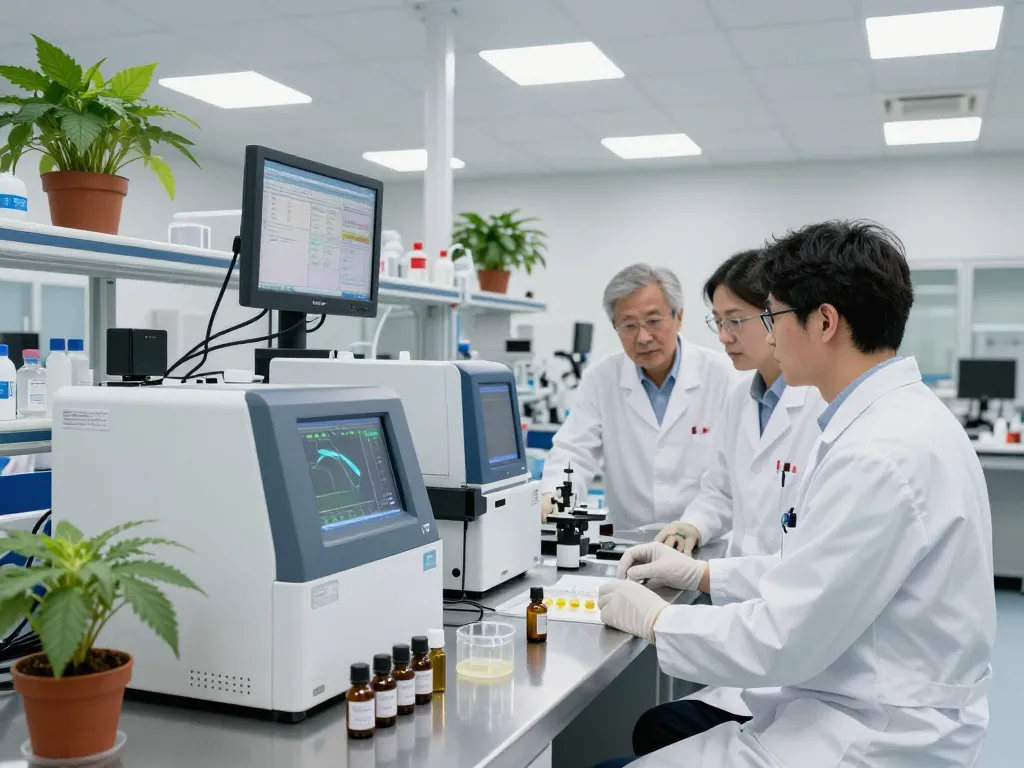 EU cannabinoid manufacturer scientists analyzing cannabinoid extracts in a modern laboratory.