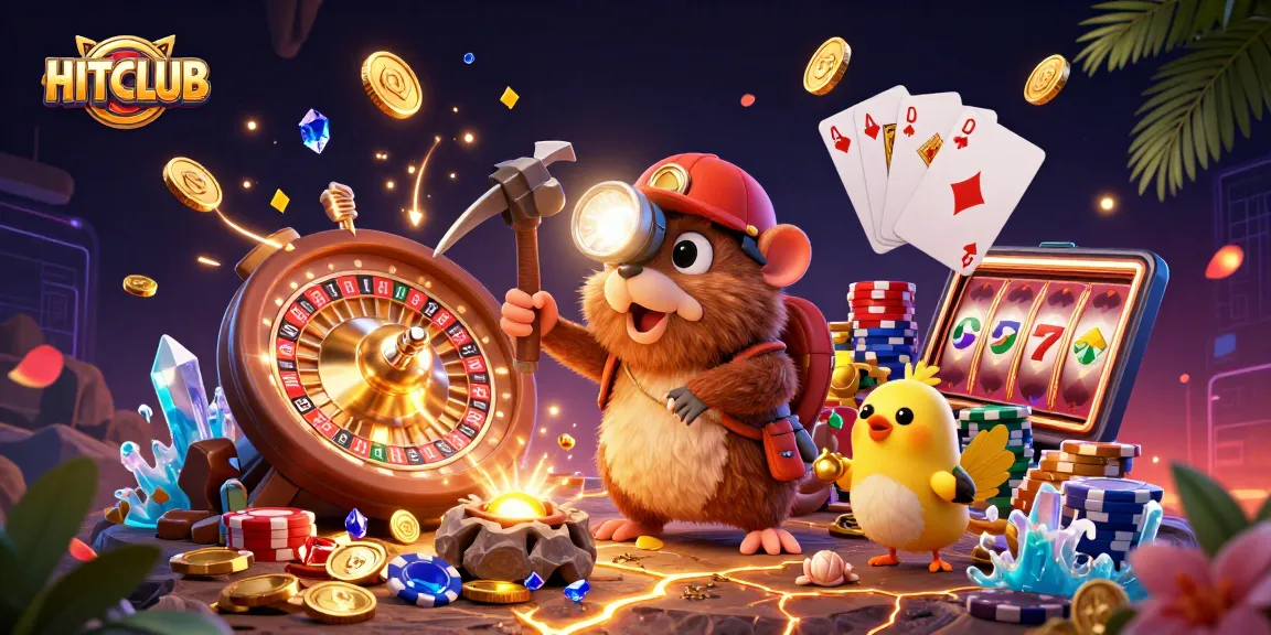 Hitclub's treasure hunter mole character and casino elements spark excitement in this vibrant 3D scene.