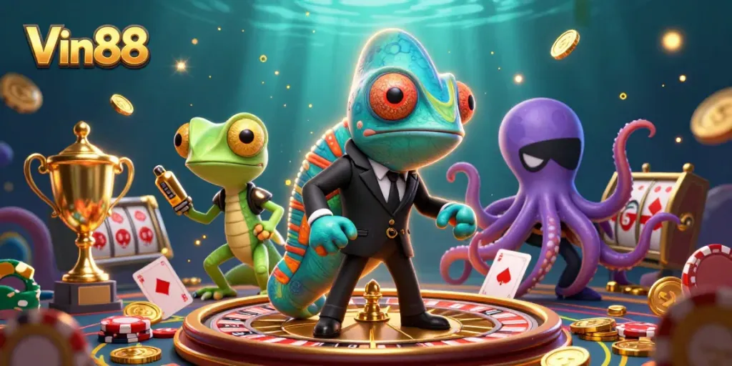 Win big with Vin88 featuring a colorful casino scene of gaming elements and vibrant characters.