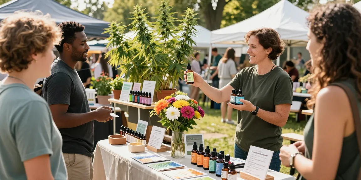 Buy CBD Canada at a vibrant outdoor market featuring organic CBD oil bottles and local wellness products.