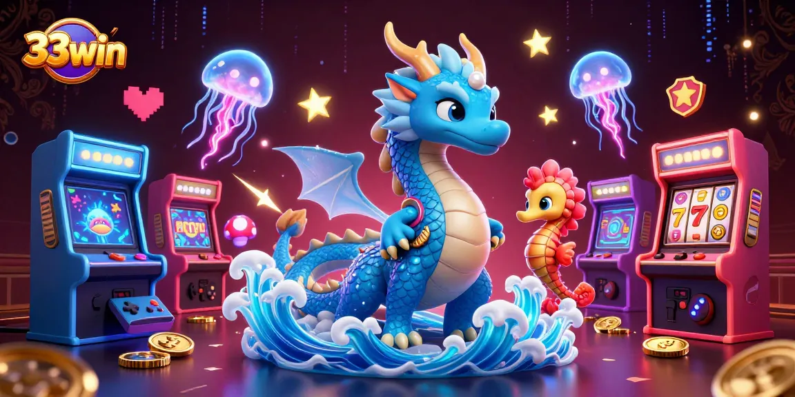 Experience thrilling wins at 33win with a majestic dragon, gaming machines and vibrant jellyfish!