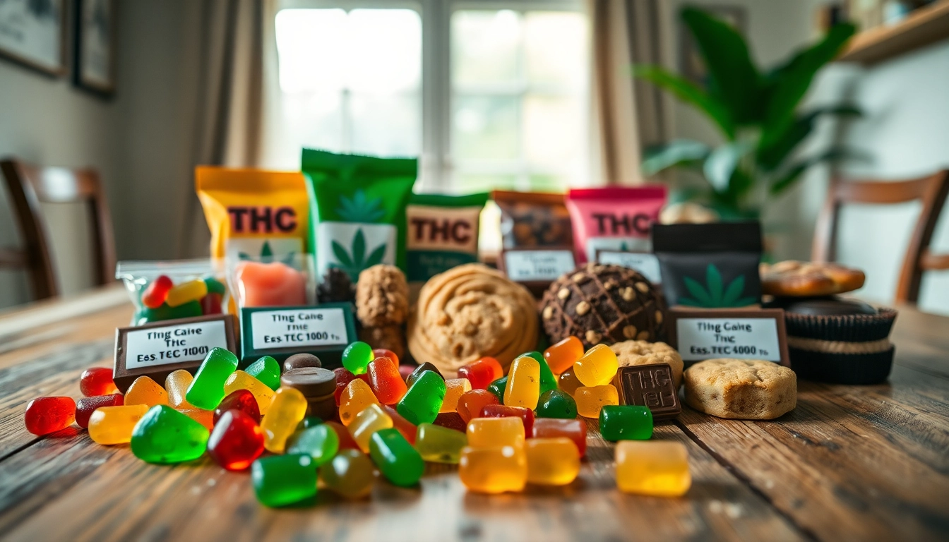 THC edibles UK displayed on a wooden table showcasing an array of colorful treats.
