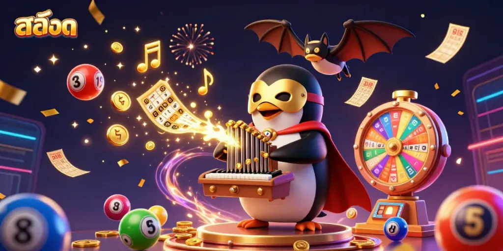 Experience the thrill of สล็อต with a 3D penguin organist surrounded by lottery excitement and shimmering prizes.