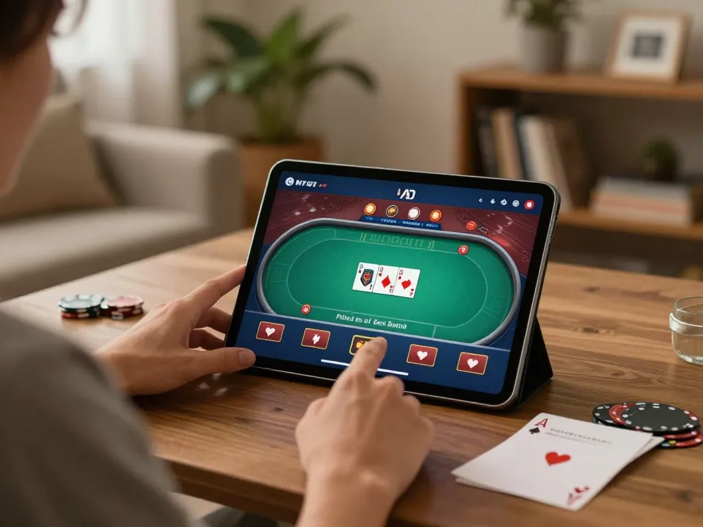Engaged player using tablet for online casino gaming on nhà cái gg88 platform, showcasing poker game interface.